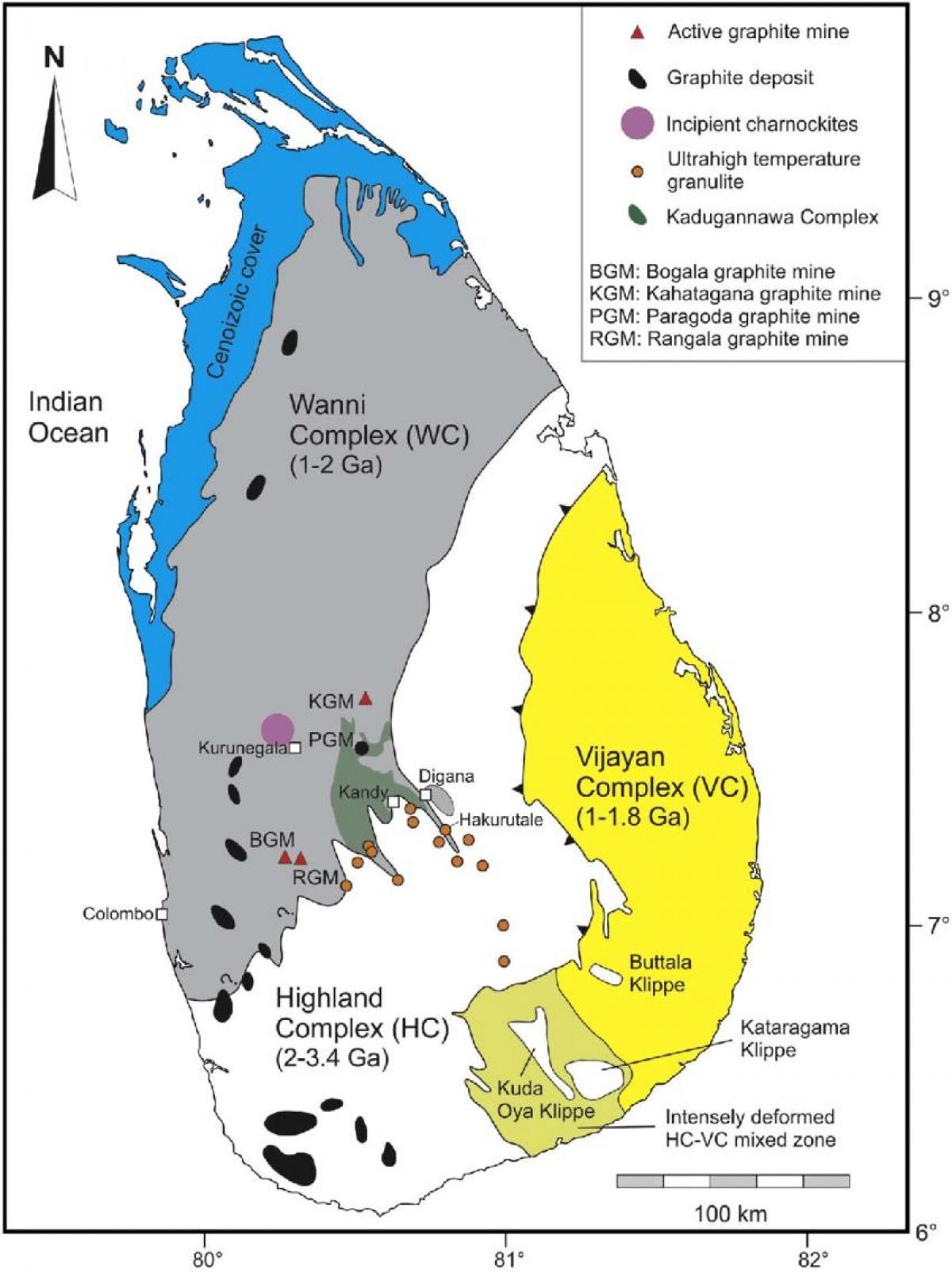 kort af steinefnum í Sri Lanka