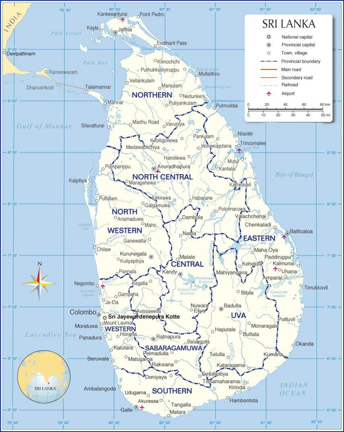 kort af alþjóðlegum flugvöllum í Sri Lanka