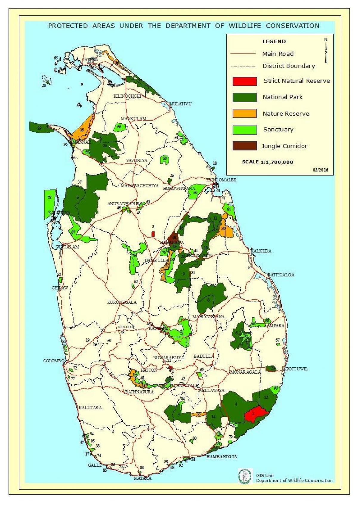 kort af national garður í Sri Lanka