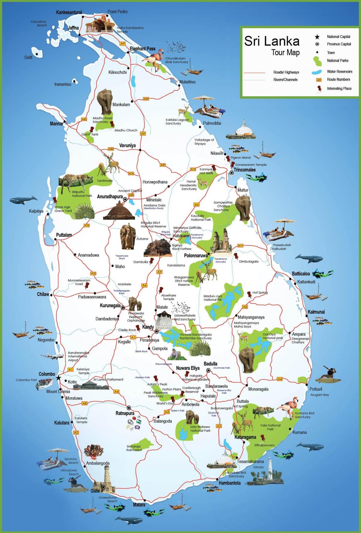 ferðamaður stöðum í Sri Lanka kort