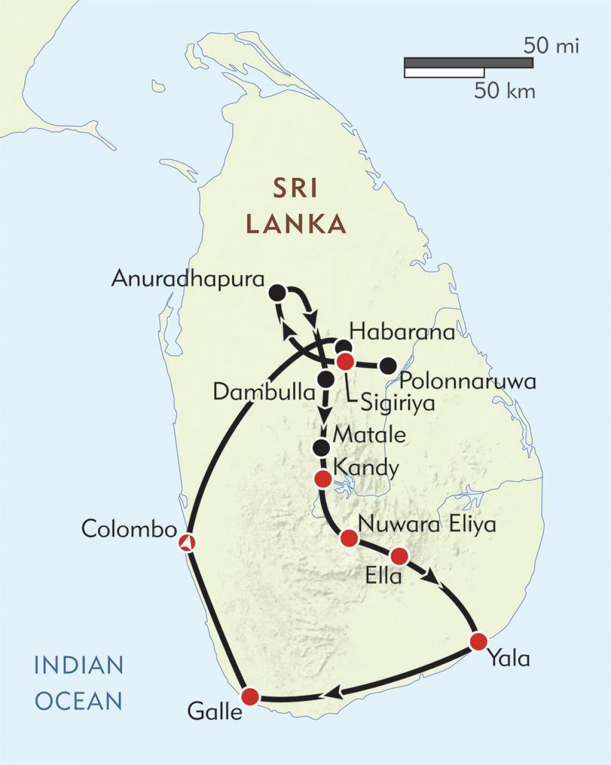 kort af Sri Lanka ferðaáætlun