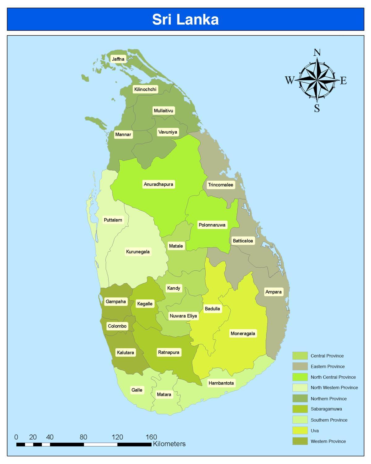 Sri Lanka umdæmi kort í íslenska