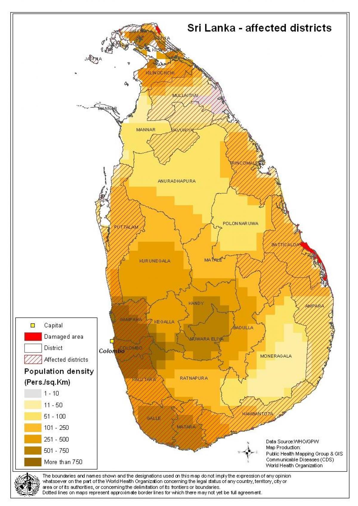 kort af Sri Lanka íbúafjölda