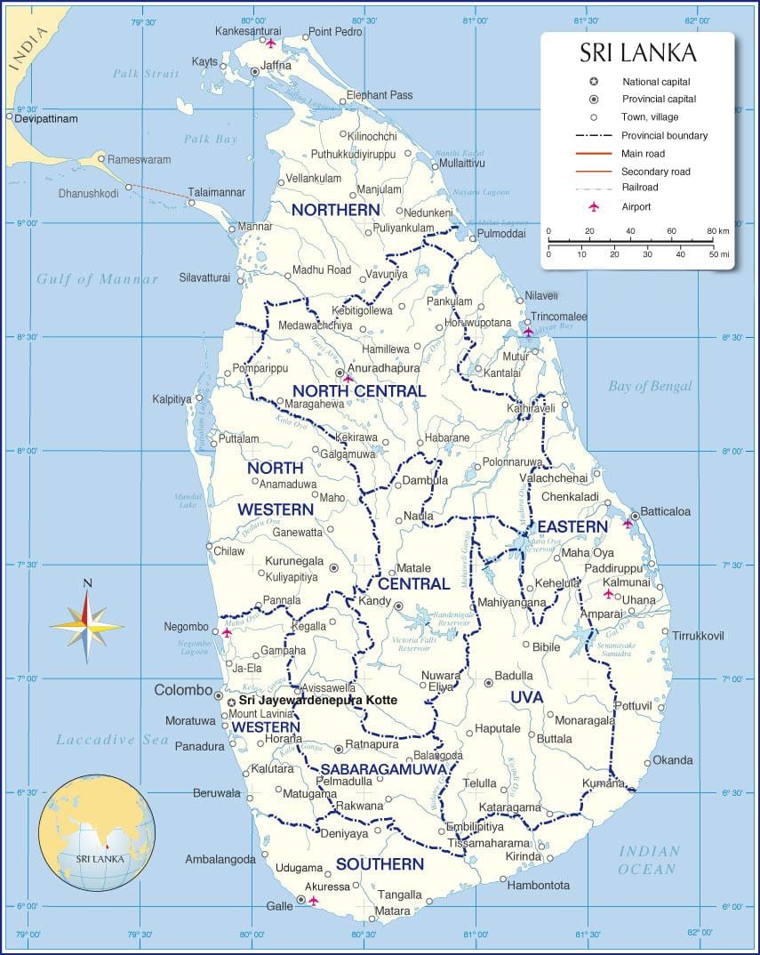 kort af alþjóðlegum flugvöllum í Sri Lanka
