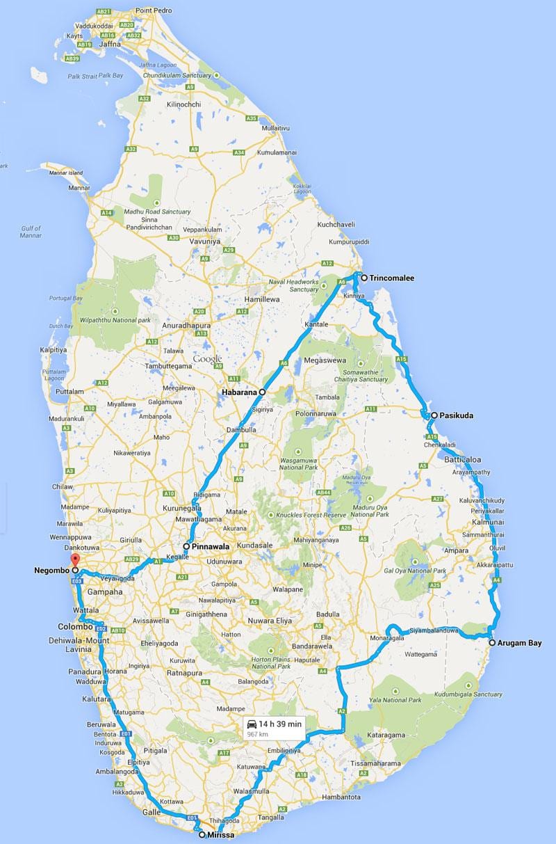 Sri Lanka besta ströndum kort