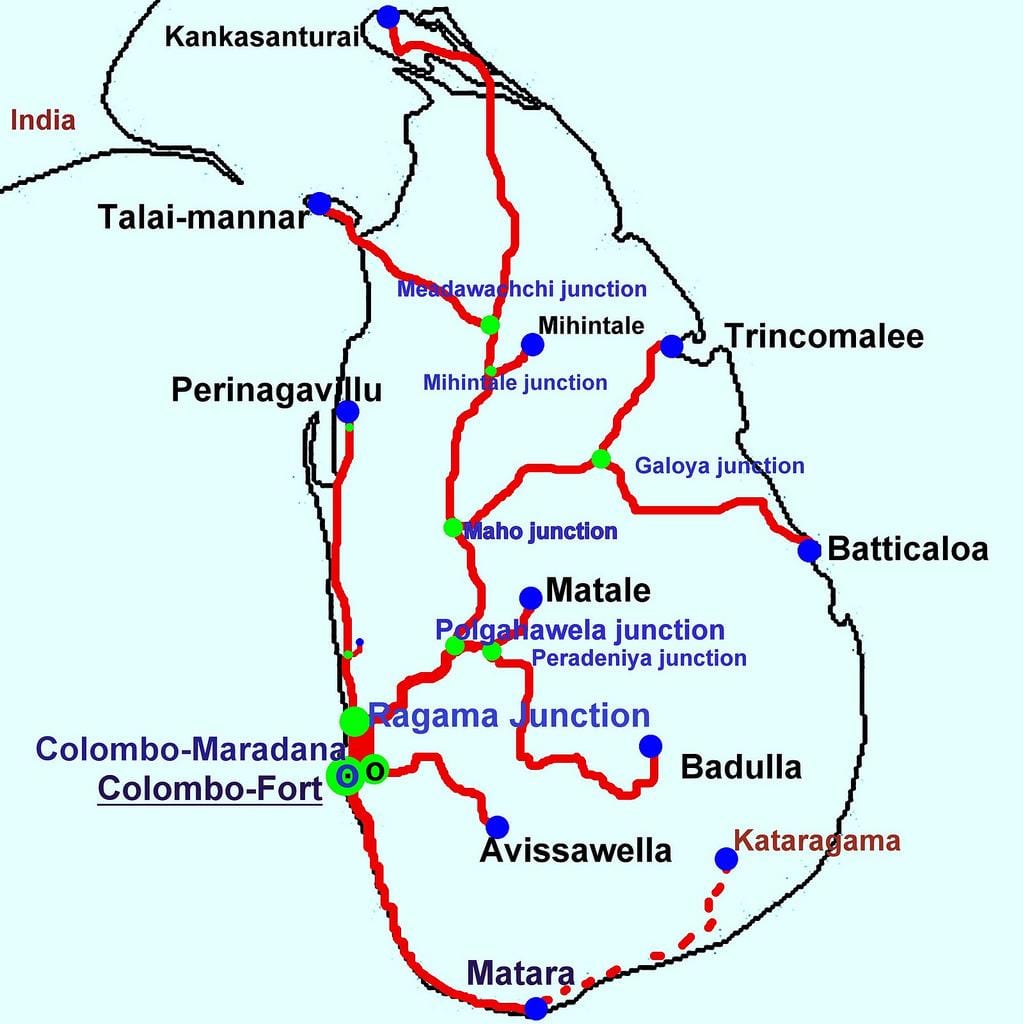 kort af Sri Lanka lest línur