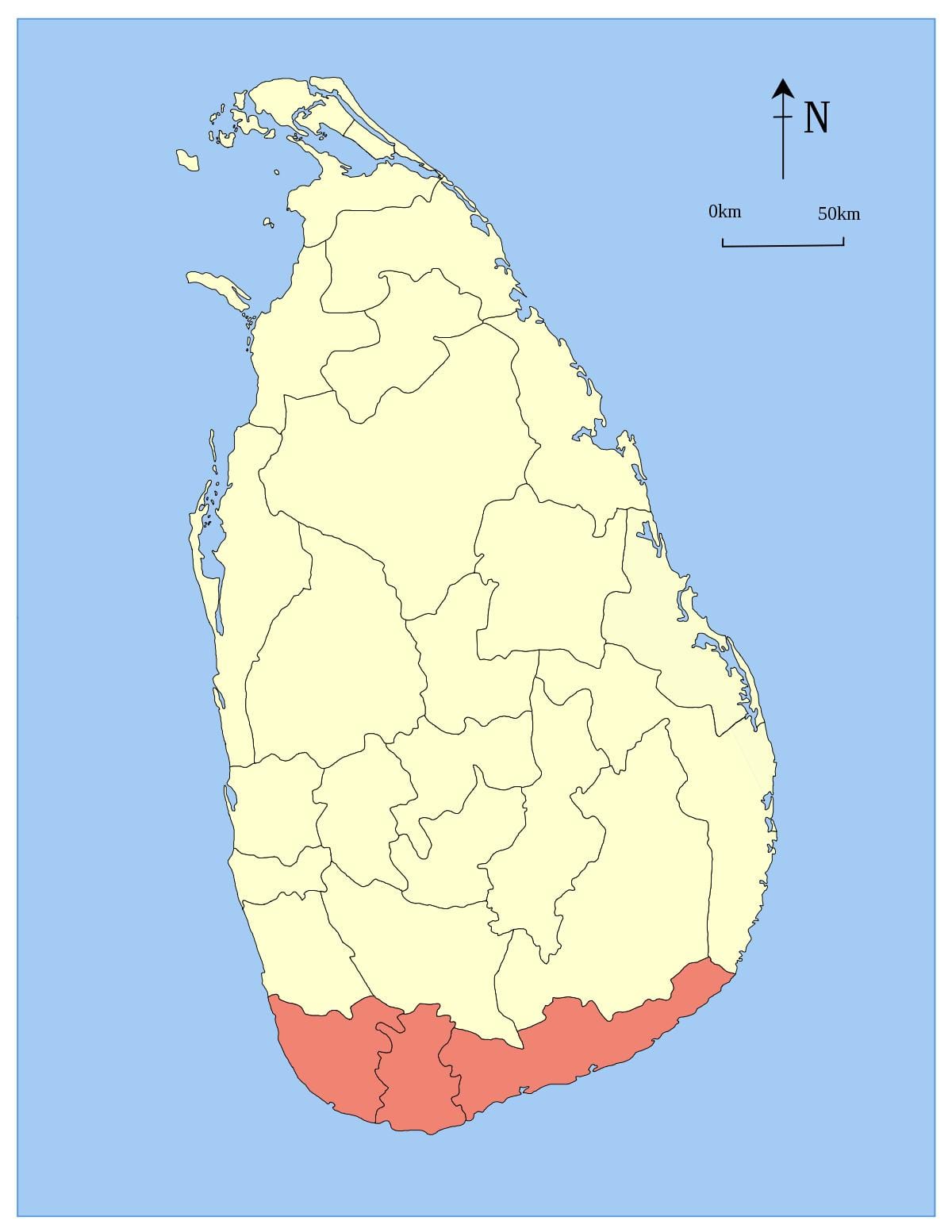 kort af niður suður Sri Lanka