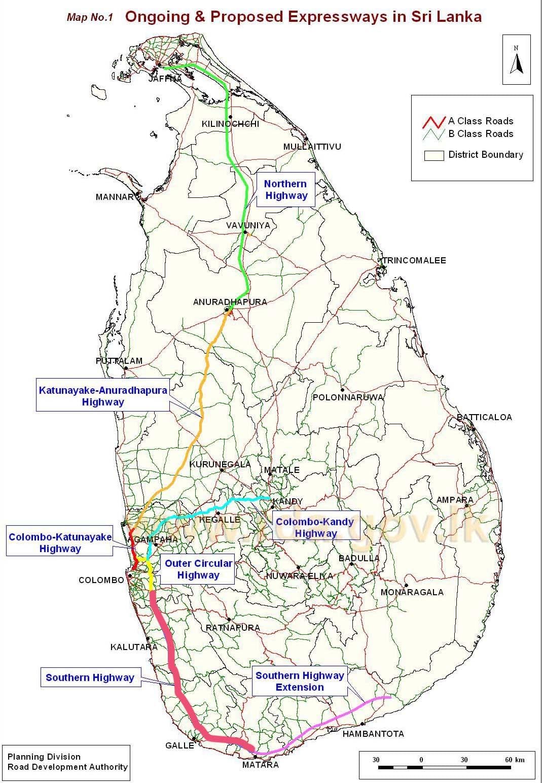 kort af Sri Lanka hraðbrautina
