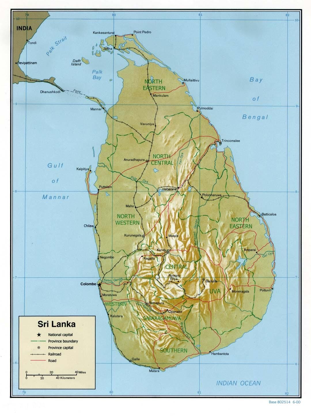 kort af Sri Lanka líkamlega