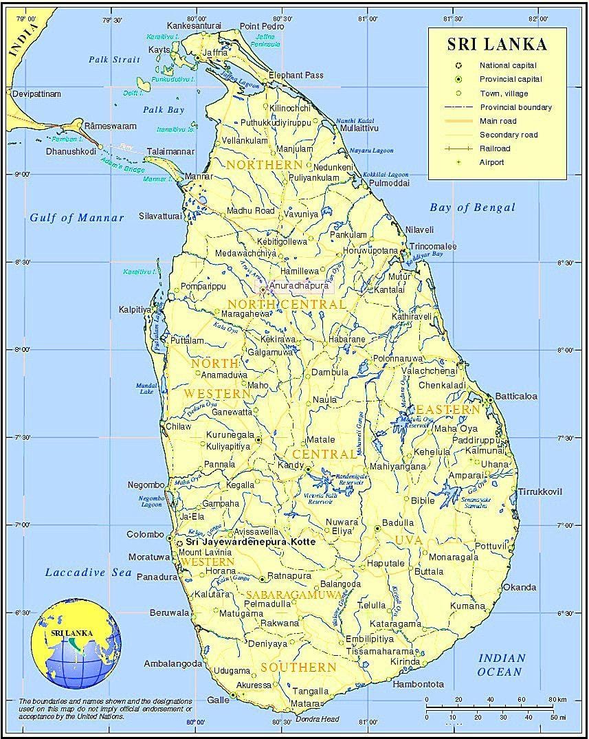 kort af Sri Lanka sögulegum stöðum