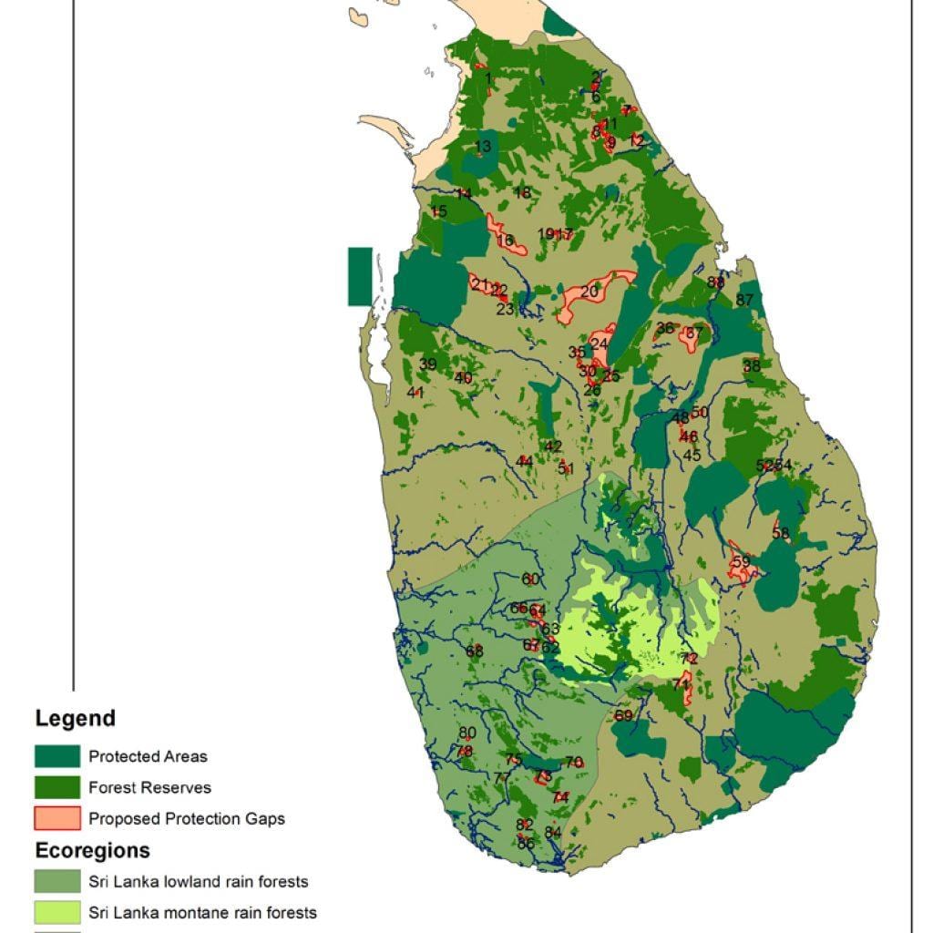 kort af Sri Lanka skógum