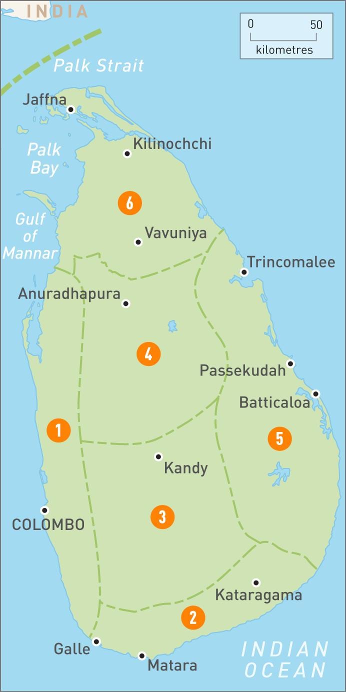 kort af Sri Lanka svæðum